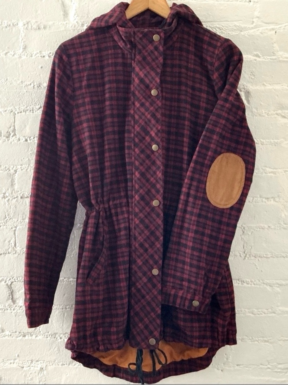 Blu Pepper Plaid Hooded Flannel Jacket Elbow Patches Size M Utility Red Blue